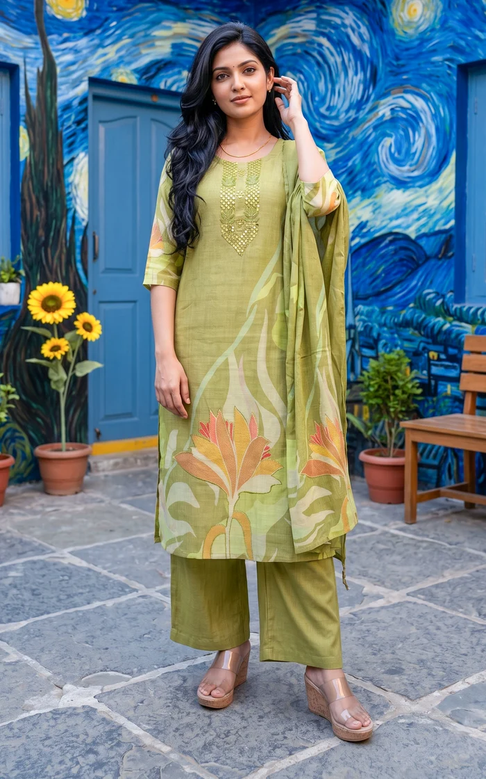 Pista Green Embroidery Straight Kurti set